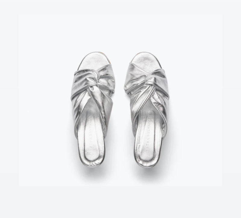 Frēda Salvador Valentina Ruched Mid-Heel Sandal - Silver Calf