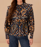 Farm Rio Blue Pineapple Ikat Long Sleeve Matelasse Blouse