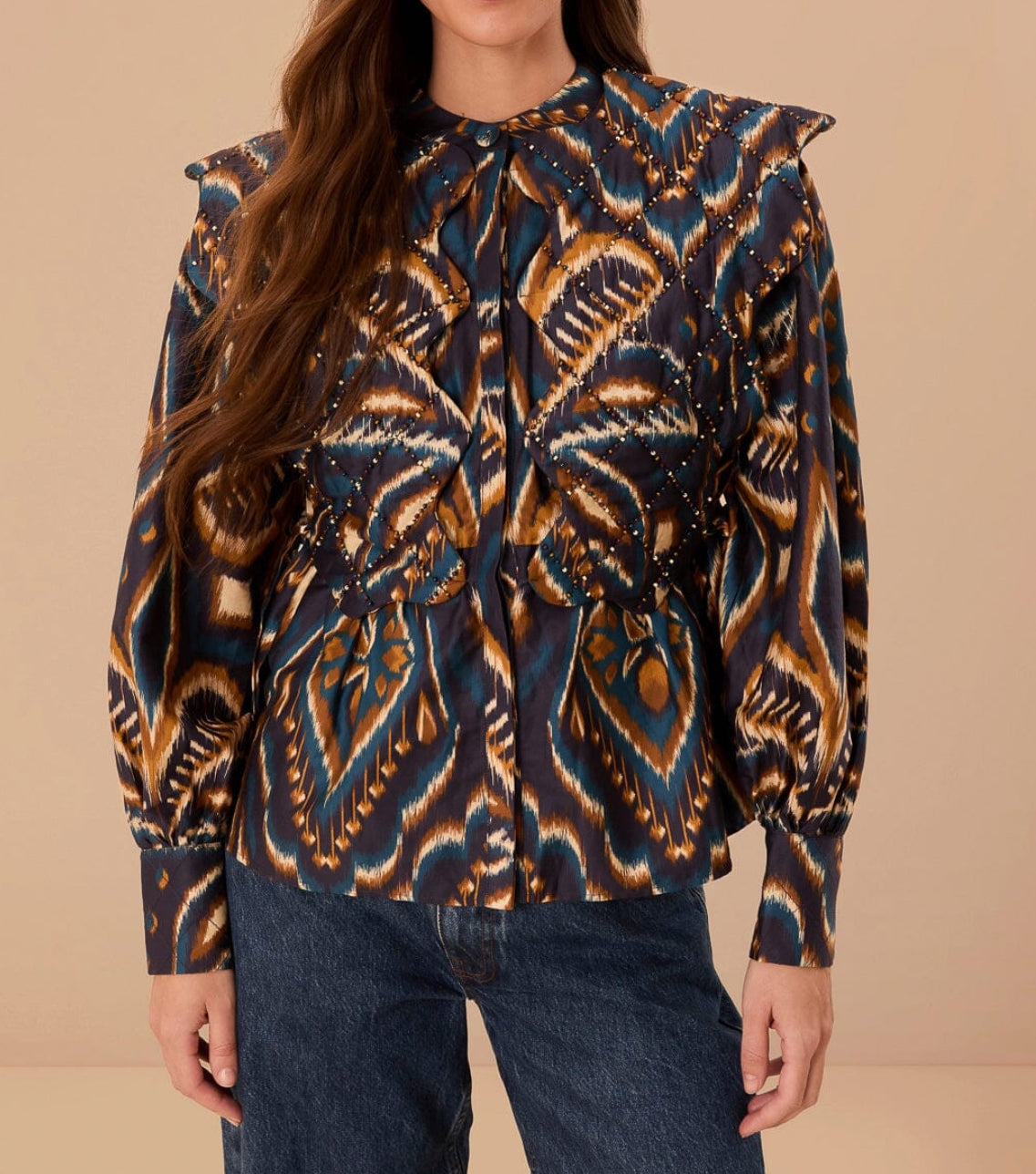Farm Rio Blue Pineapple Ikat Long Sleeve Matelasse Blouse
