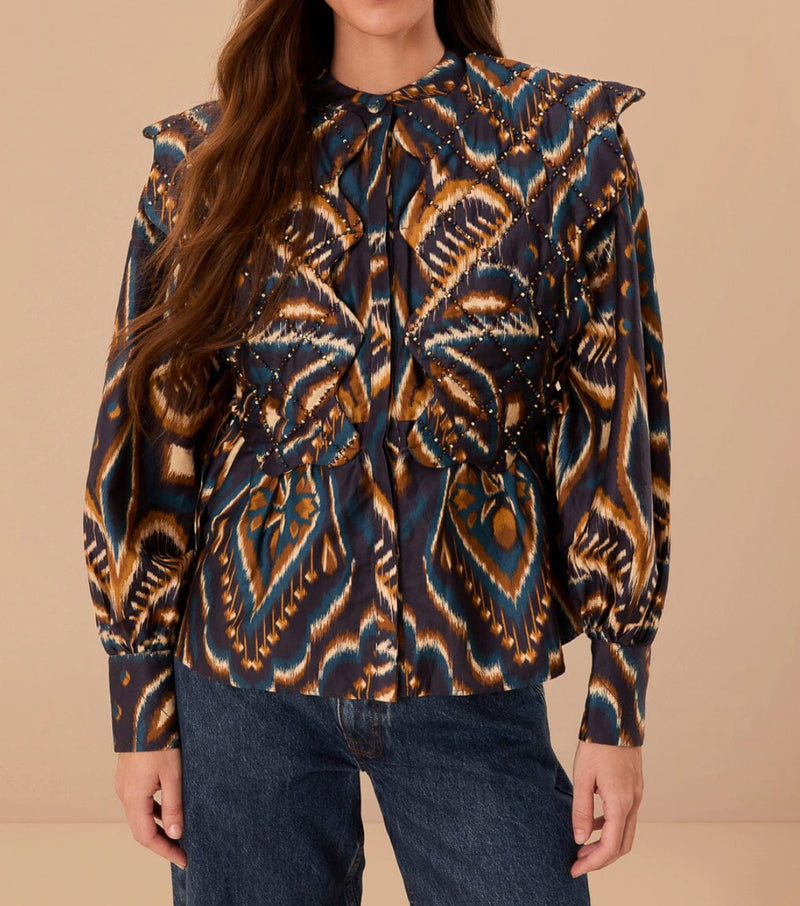 Farm Rio Blue Pineapple Ikat Long Sleeve Matelasse Blouse