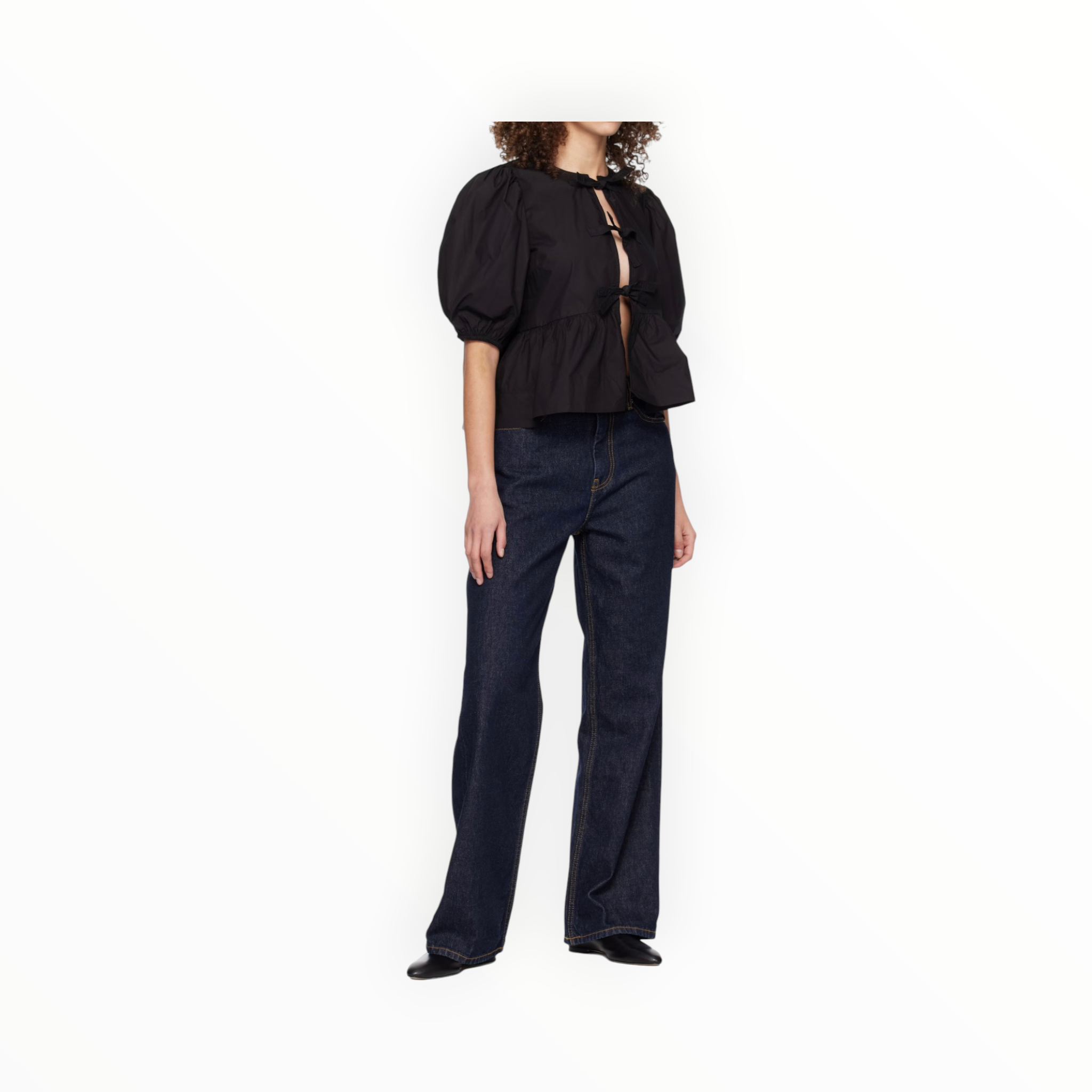 GANNI Cotton Poplin Peplum Tie Blouse - Black
