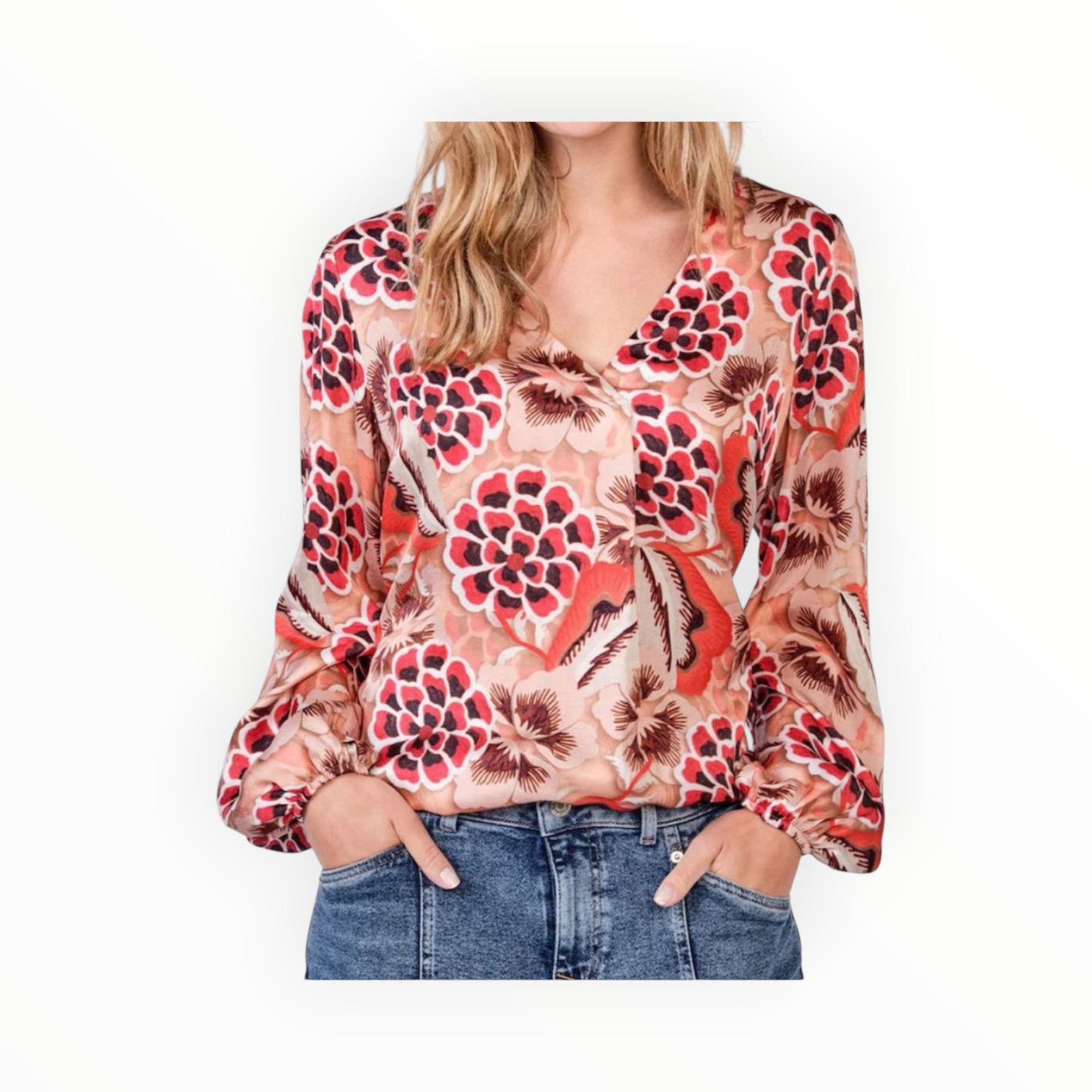 Summum V-Neck Bold Flower Top - Pink Floral