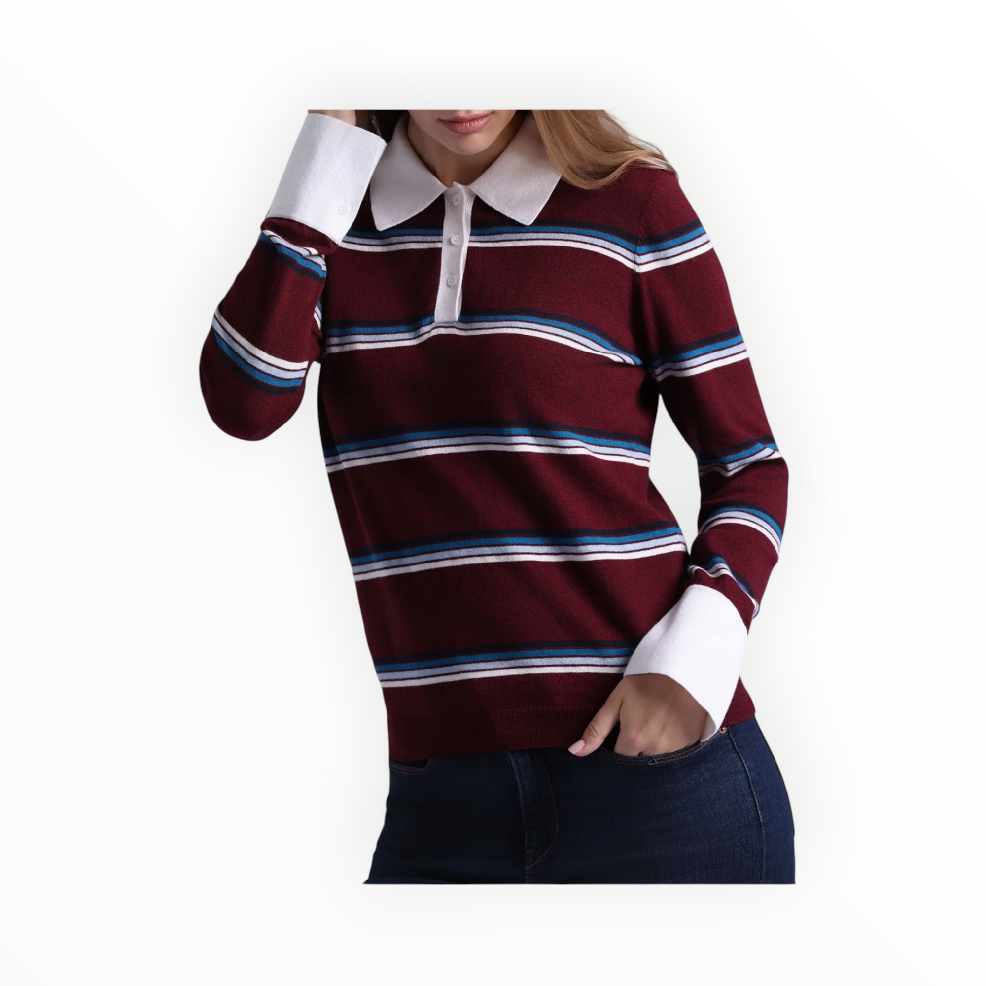 Minnie Rose Cotton Cashmere Striped Long Sleeve Collared Polo - Bordeaux Combo