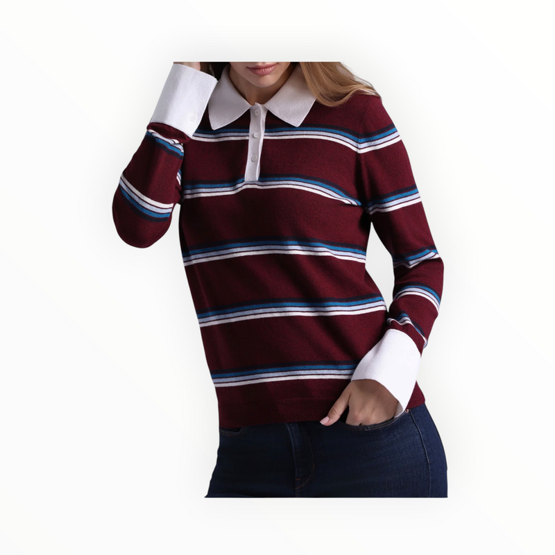 Minnie Rose Cotton Cashmere Striped Long Sleeve Collared Polo - Bordeaux Combo