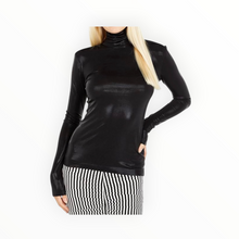 Norma Kamali Slim Fit Long Sleeve Turtle Top - Black Foil