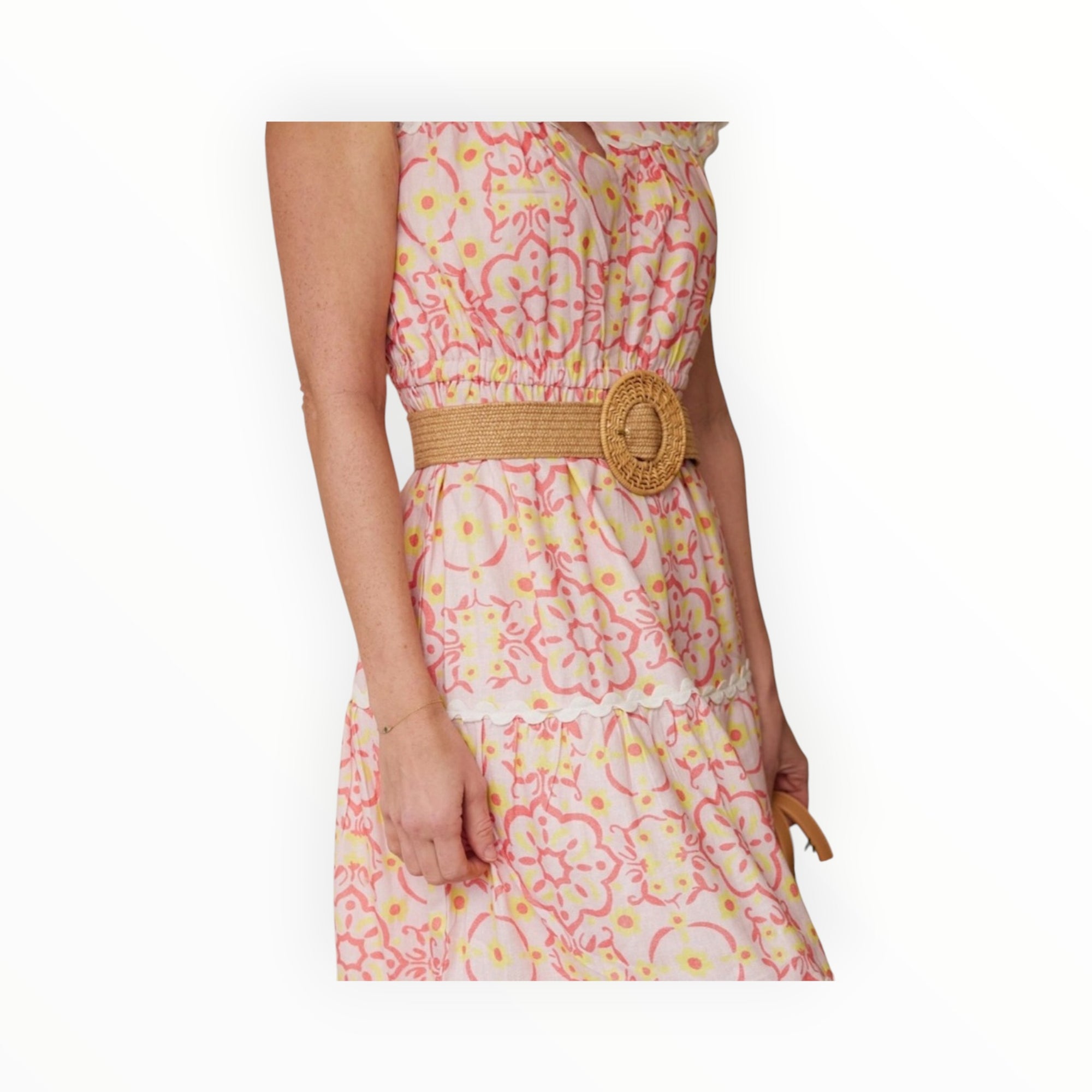 Sail To Sable Peach & Lemon Blush Medallion Print Flutter Sleeve Ric-Rac Dress