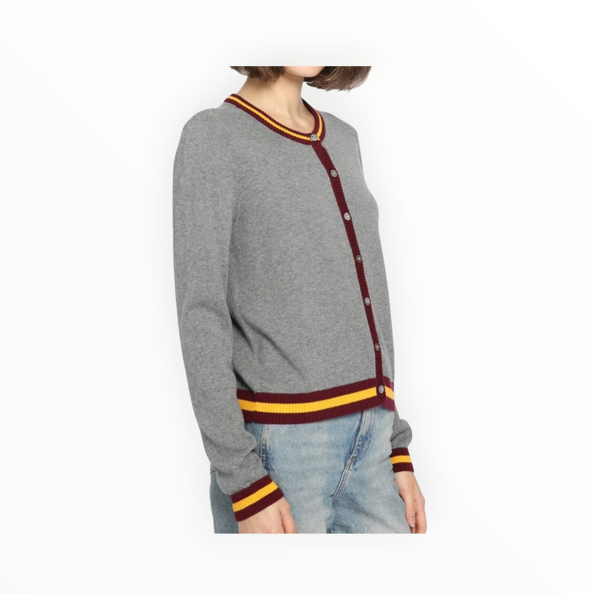 Minnie Rose Cotton Cashmere Cardigan With Stripe Detail - Grey Shadow