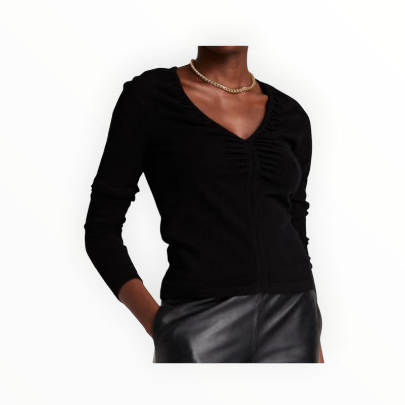 Autumn Cashmere Ruched Slim V Neck Sweater - Black
