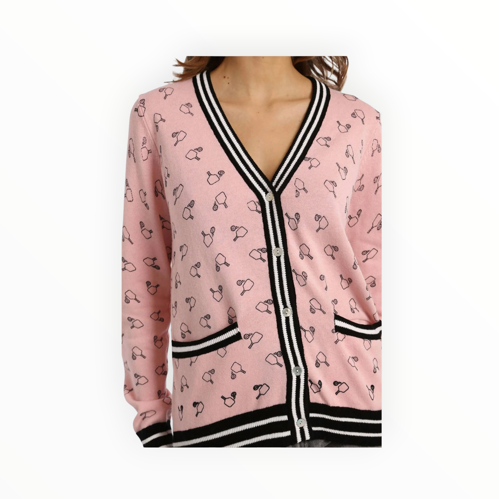 Minnie Rose Pickball Cardigan - Pink/White