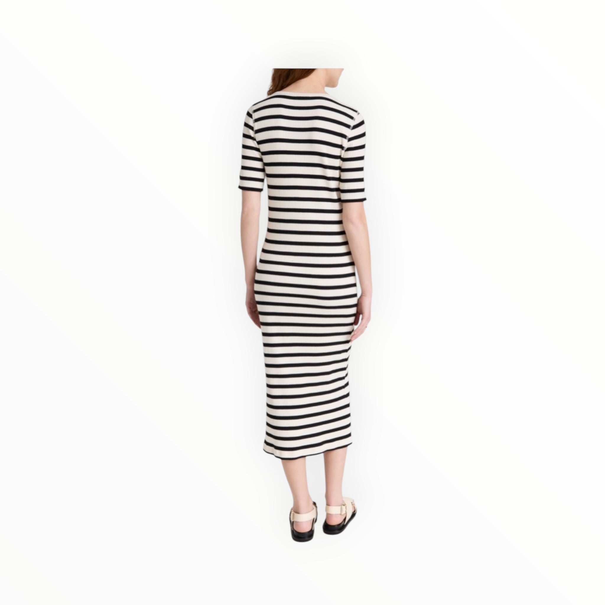 GANNI Striped Rib Knit Midi Dress - Black/White