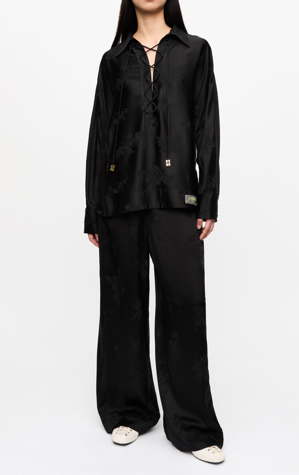 GANNI Satin Jacquard Tie String Shirt - Black