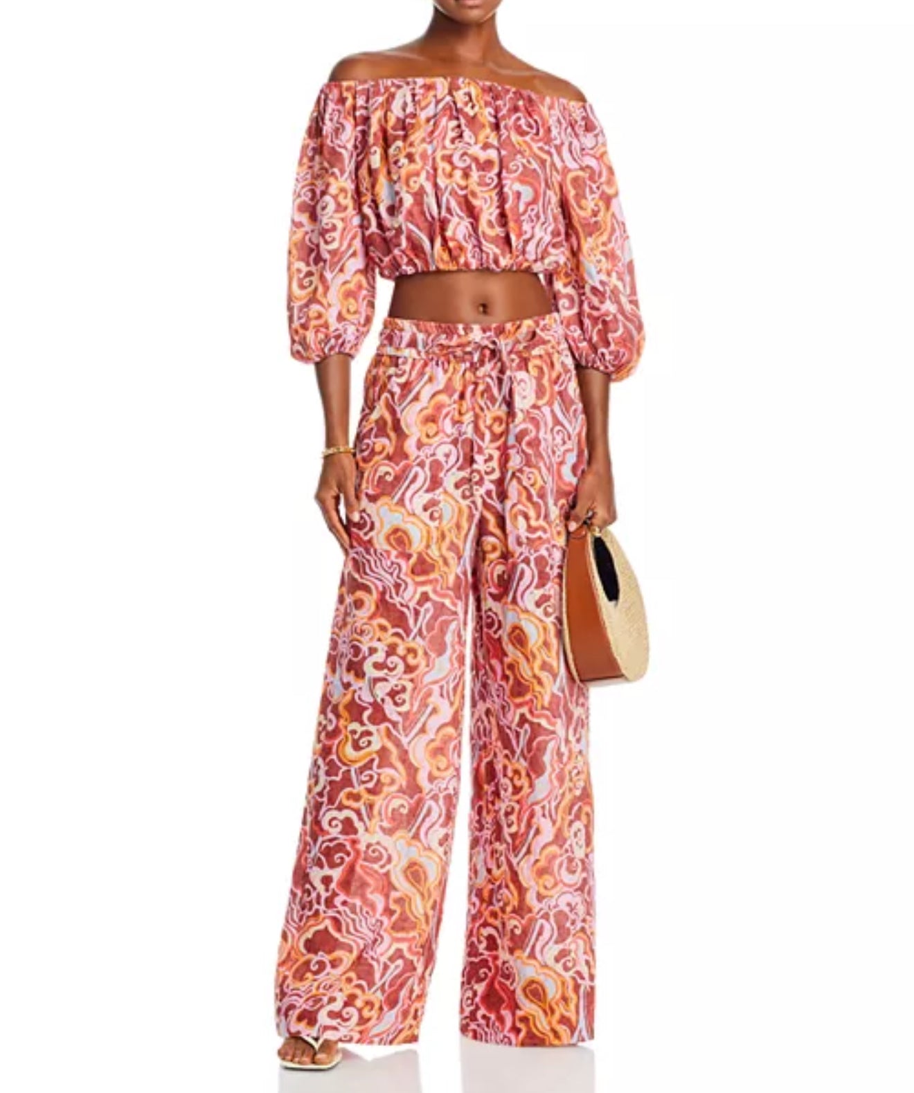 A.L.C. Katherine Off The Shoulder Printed Linen Top - Baked Clay