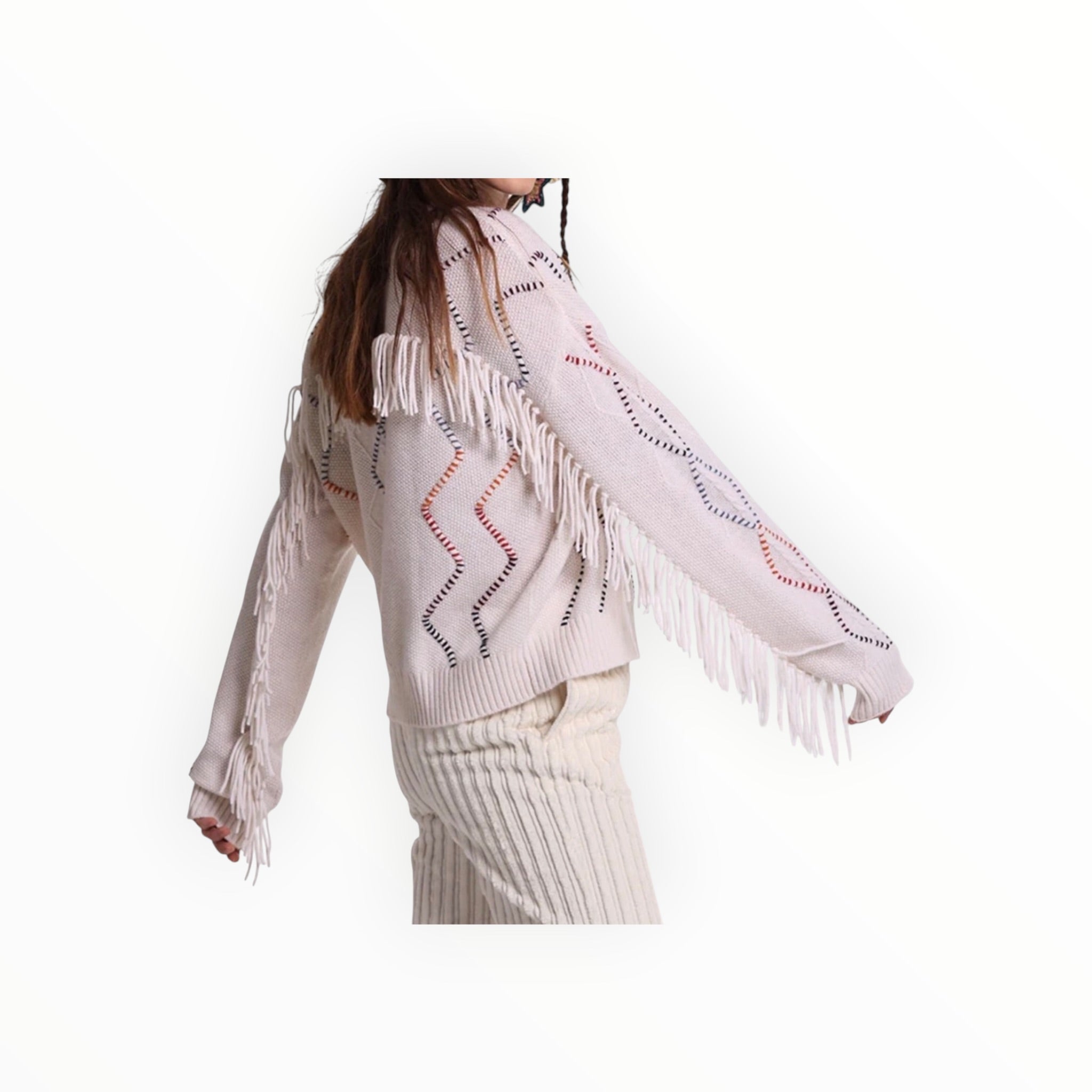 Minnie Rose Cable Corded Fringe Pullover - White Combo