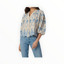 Shoshanna Fred Serra Embroidery Top - Flax/Powder Blue