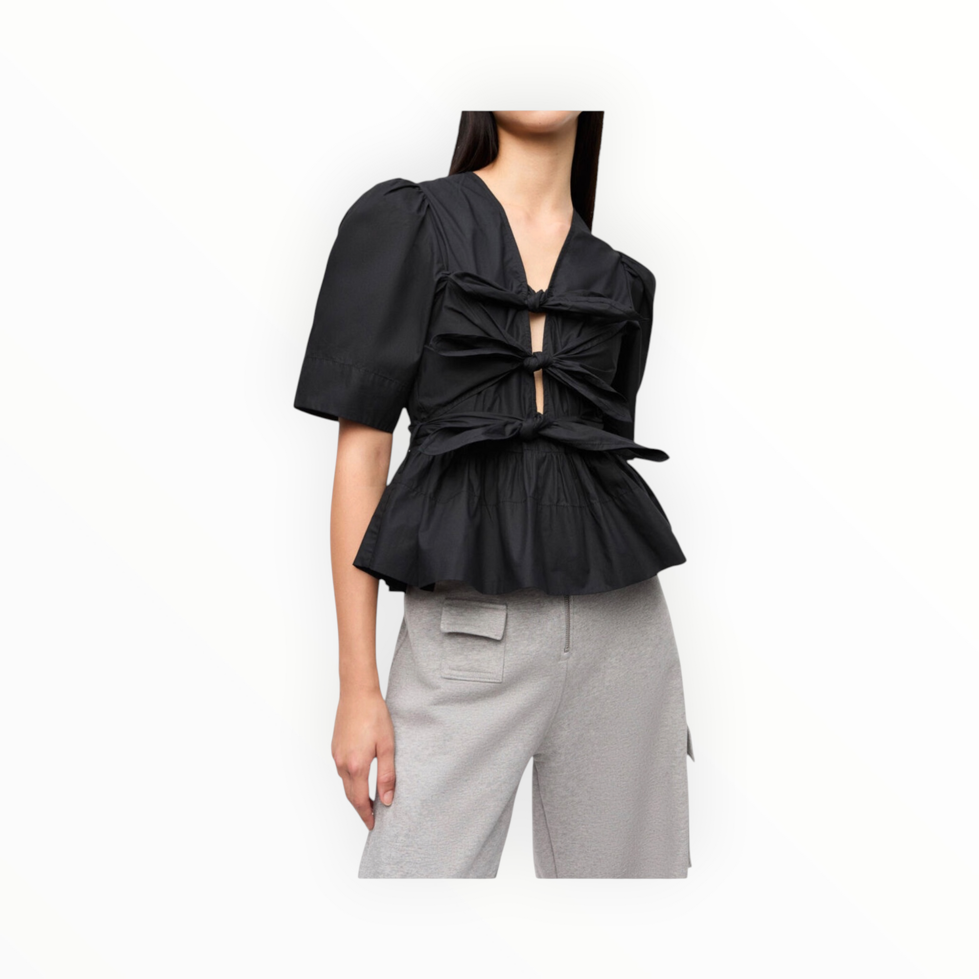 GANNI Stretch Cotton Tie Strap Blouse - Black