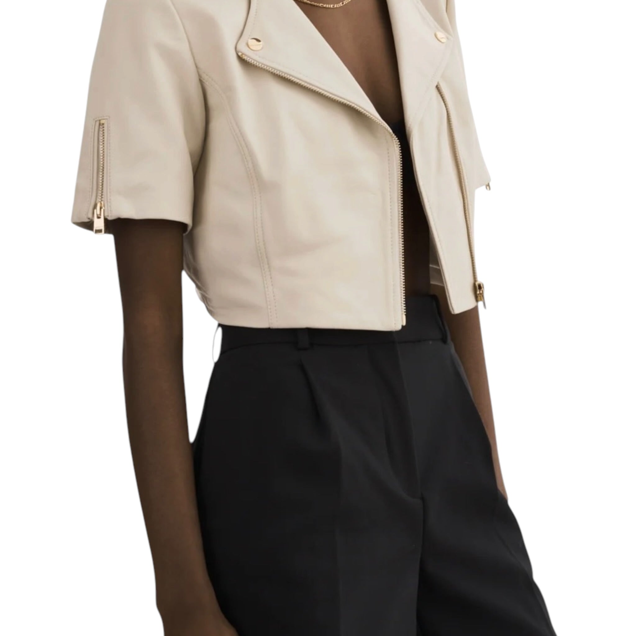 Lamarque Kirsi Gold Cropped Biker Jacket - Bone