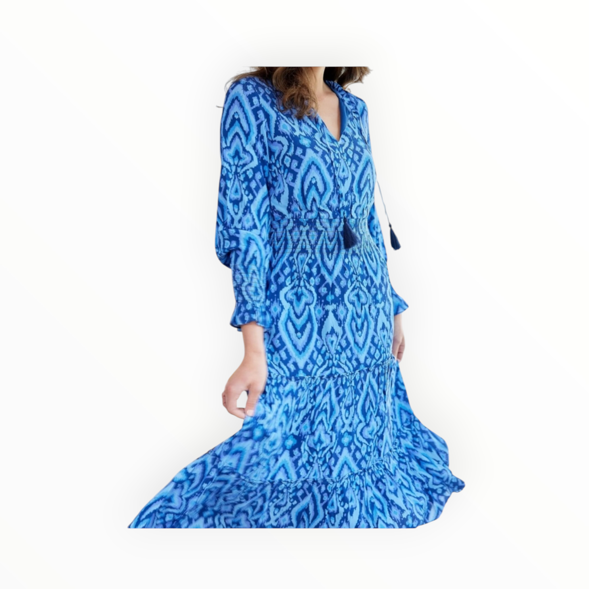 Sail To Sable Blue Ikat Smocked Waist Midi Dress with Tassels