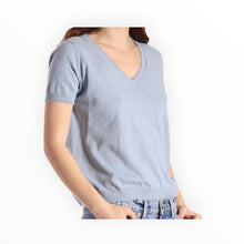 Minnie Rose Cotton Cashmere Frayed V-Neck Tee - Seashore