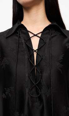 GANNI Satin Jacquard Tie String Shirt - Black