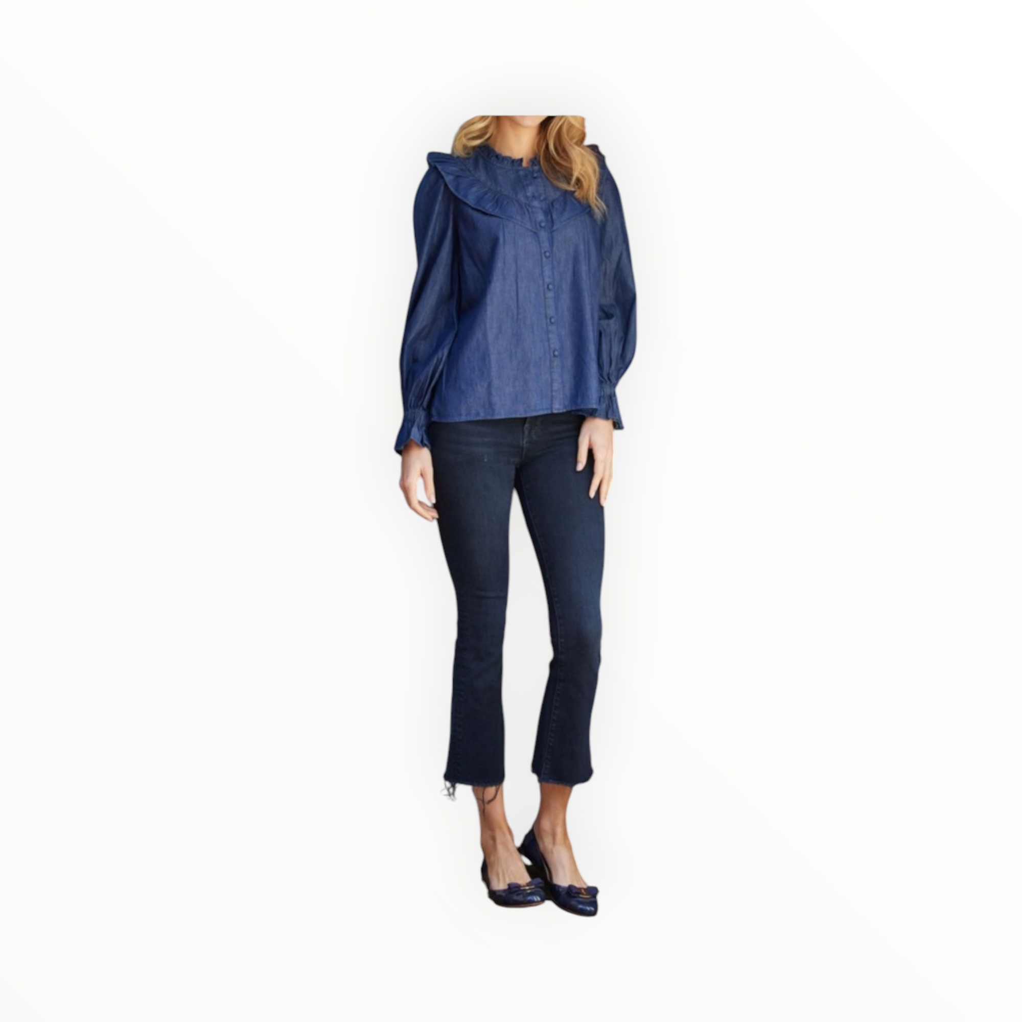 Sail to Sable Chambray Long Sleeve Ruffle Bib Blouse - Dark Blue Indigo