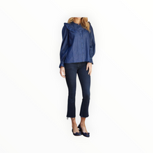 Sail to Sable Chambray Long Sleeve Ruffle Bib Blouse - Dark Blue Indigo