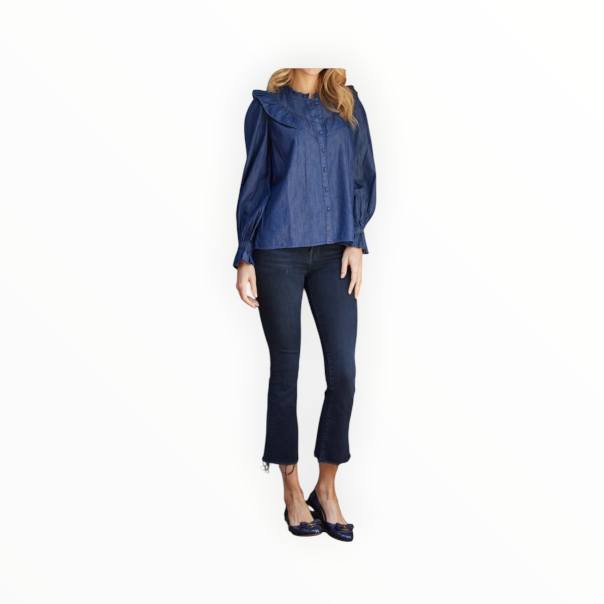 Sail to Sable Chambray Long Sleeve Ruffle Bib Blouse - Dark Blue Indigo