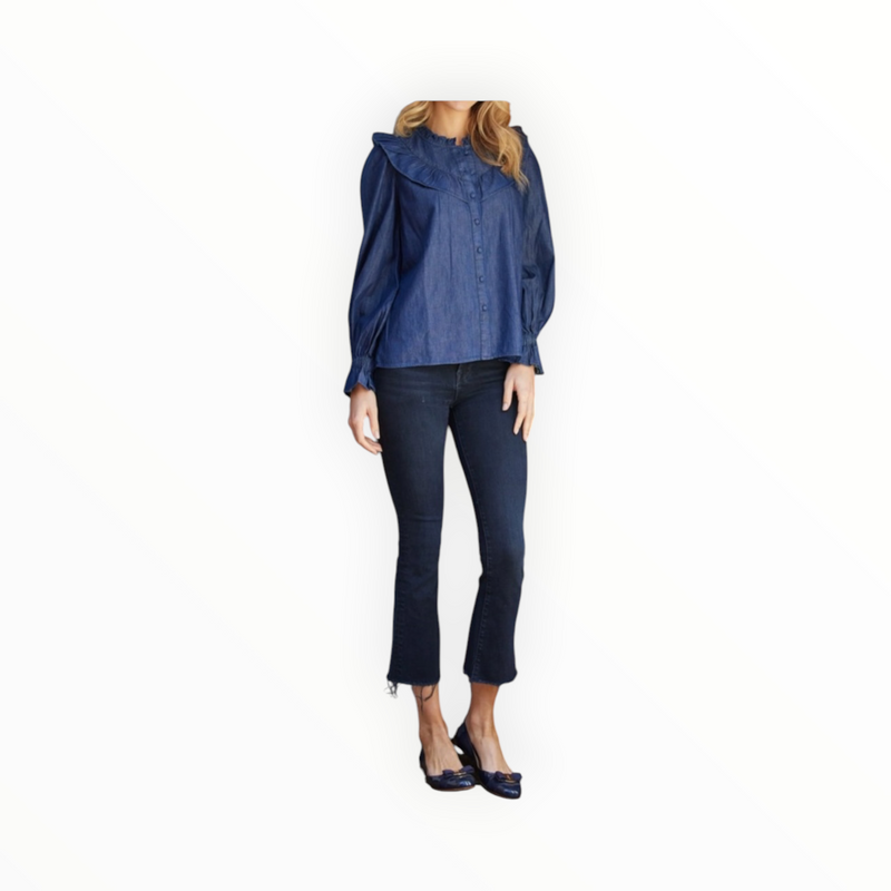 Sail to Sable Chambray Long Sleeve Ruffle Bib Blouse - Dark Blue Indigo