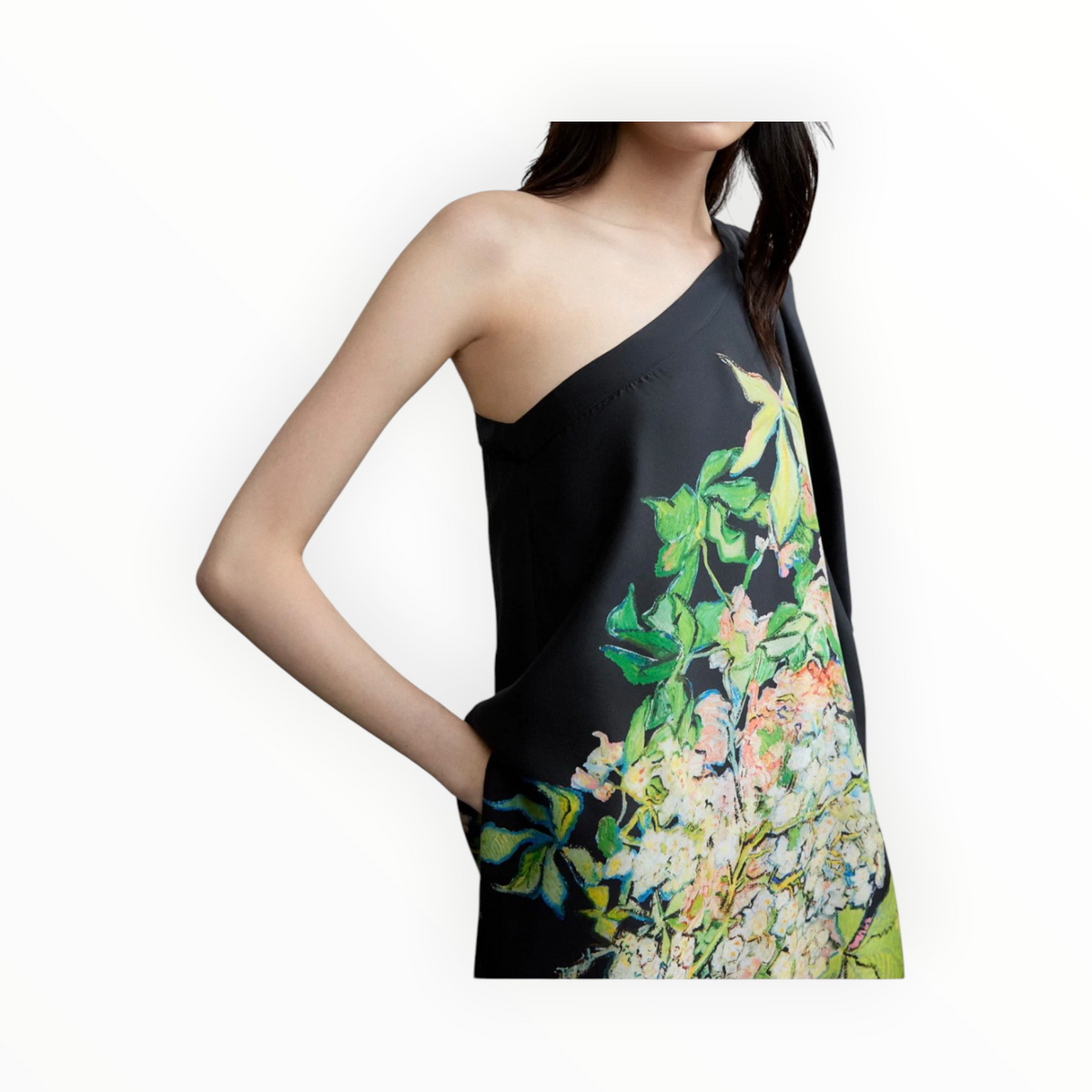 Psophía Print Silk One Shoulder Dress - Black