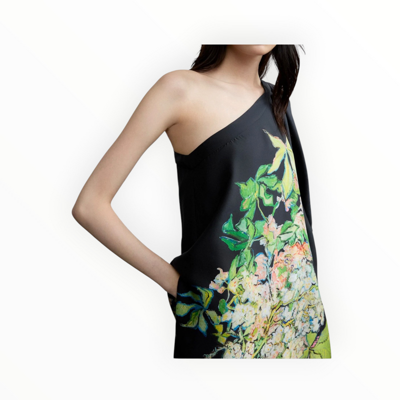 Psophía Print Silk One Shoulder Dress - Black