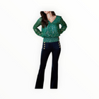 Sail to Sable Lurex Clip Dot V-Neck Smocked Waist Top - Hunter Green