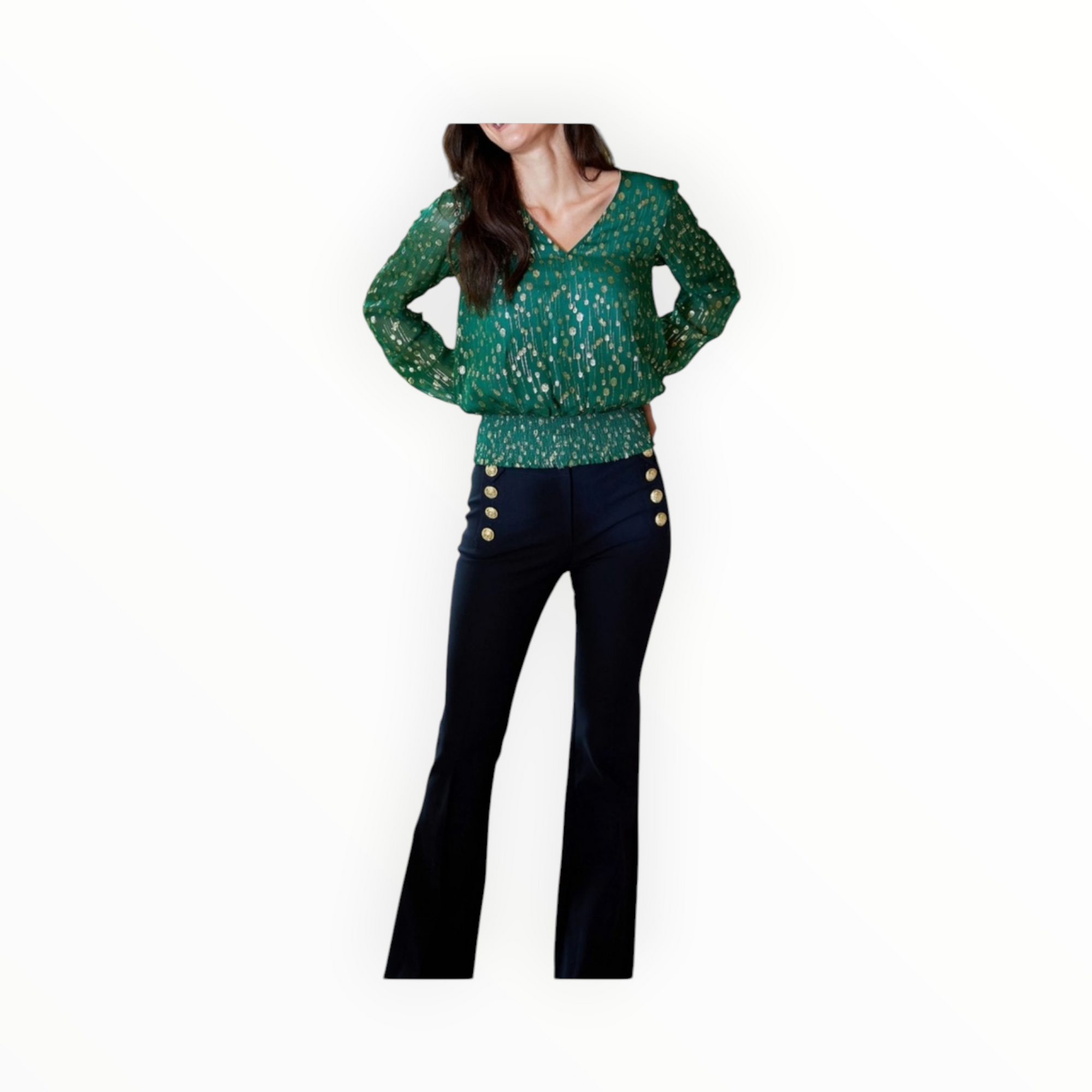 Sail to Sable Lurex Clip Dot V-Neck Smocked Waist Top - Hunter Green