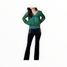 Sail to Sable Lurex Clip Dot V-Neck Smocked Waist Top - Hunter Green