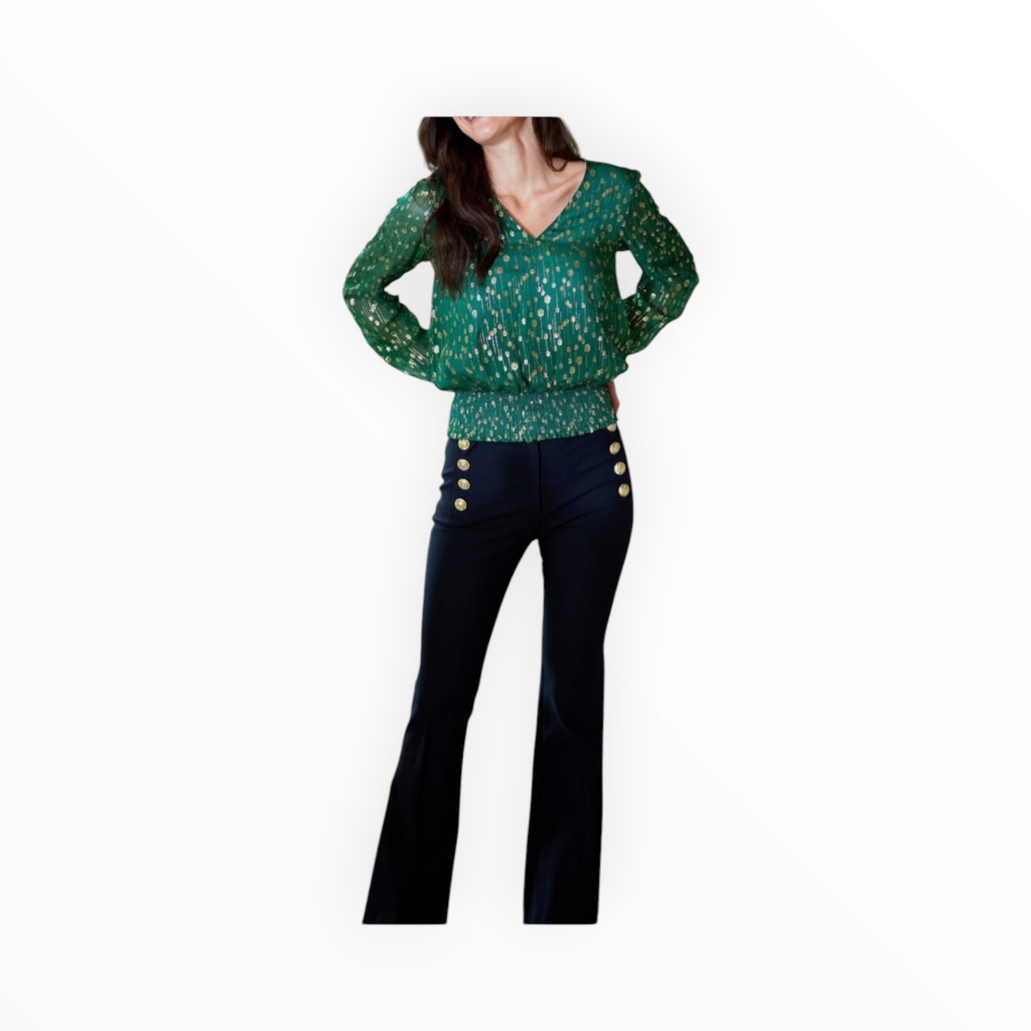 Sail to Sable Lurex Clip Dot V-Neck Smocked Waist Top - Hunter Green