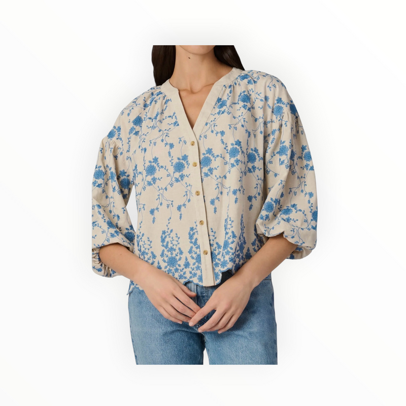 Shoshanna Fred Serra Embroidery Top - Flax/Powder Blue