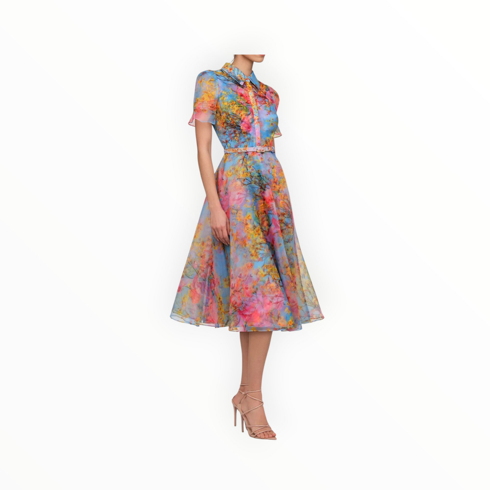 THEIA Marcel Organza Shirt Dress - Whisper Blue Zen in Bloom