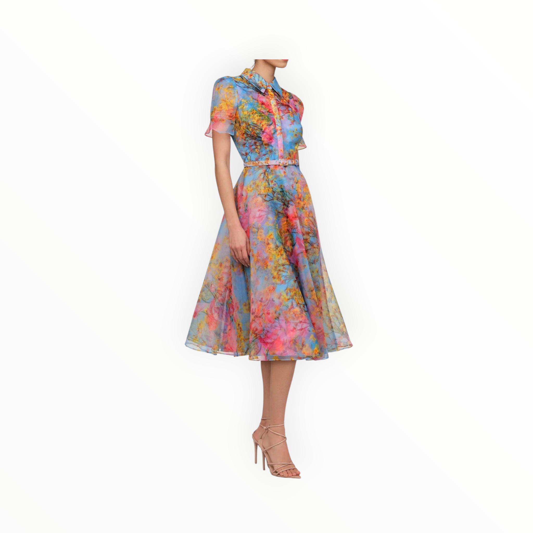 THEIA Marcel Organza Shirt Dress - Whisper Blue Zen in Bloom