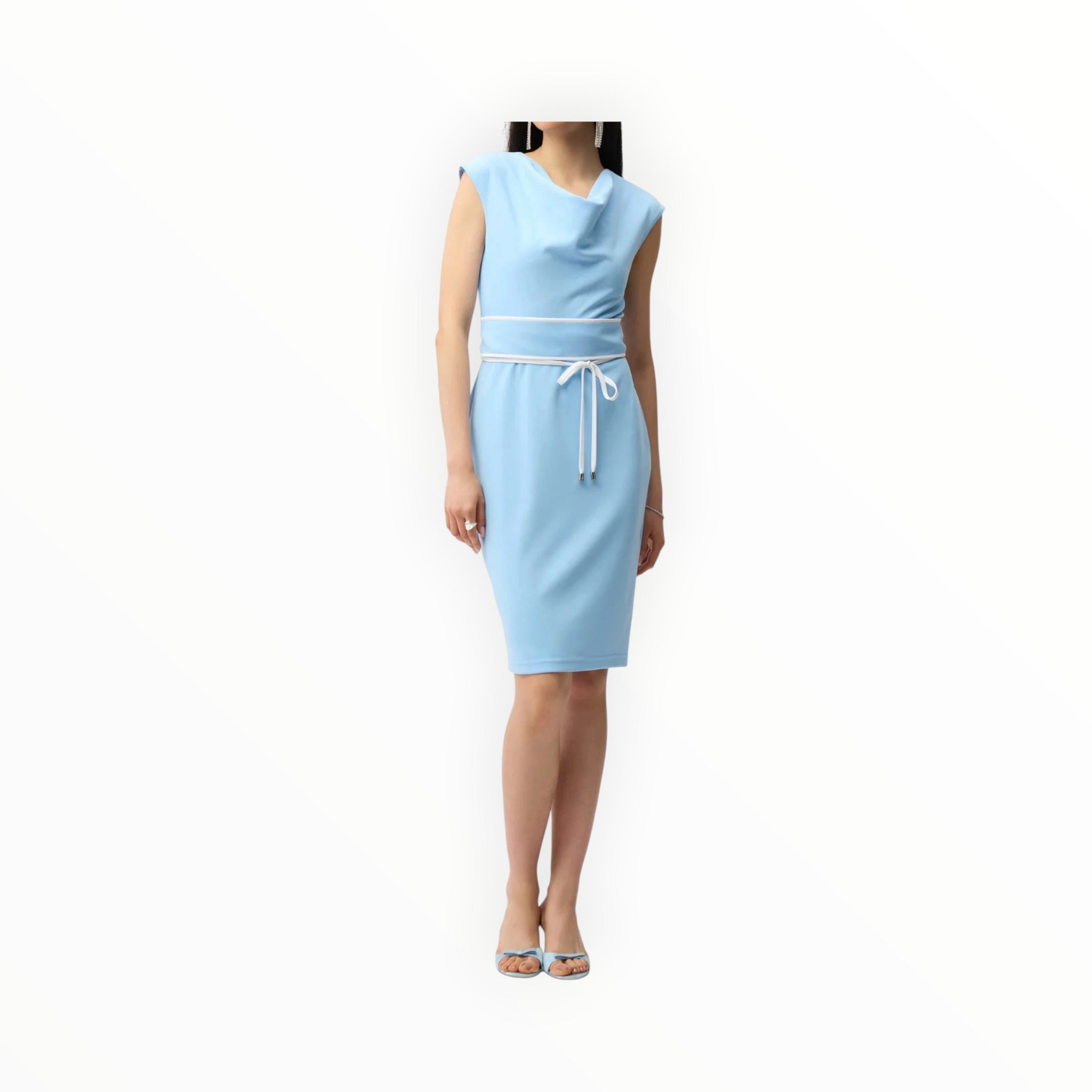 Joseph Ribkoff Sheath Dress With Cowl Neck and Belt - Sky Blue/Vanilla
