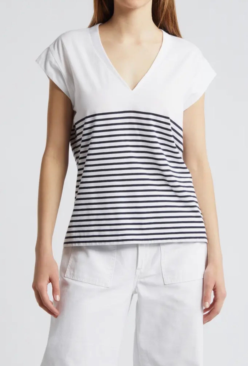 Frame Le Mid Rise V-Neck Tee - Navy/White Stripe