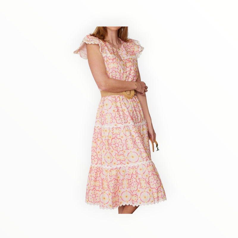 Sail To Sable Peach & Lemon Blush Medallion Print Flutter Sleeve Ric-Rac Dress