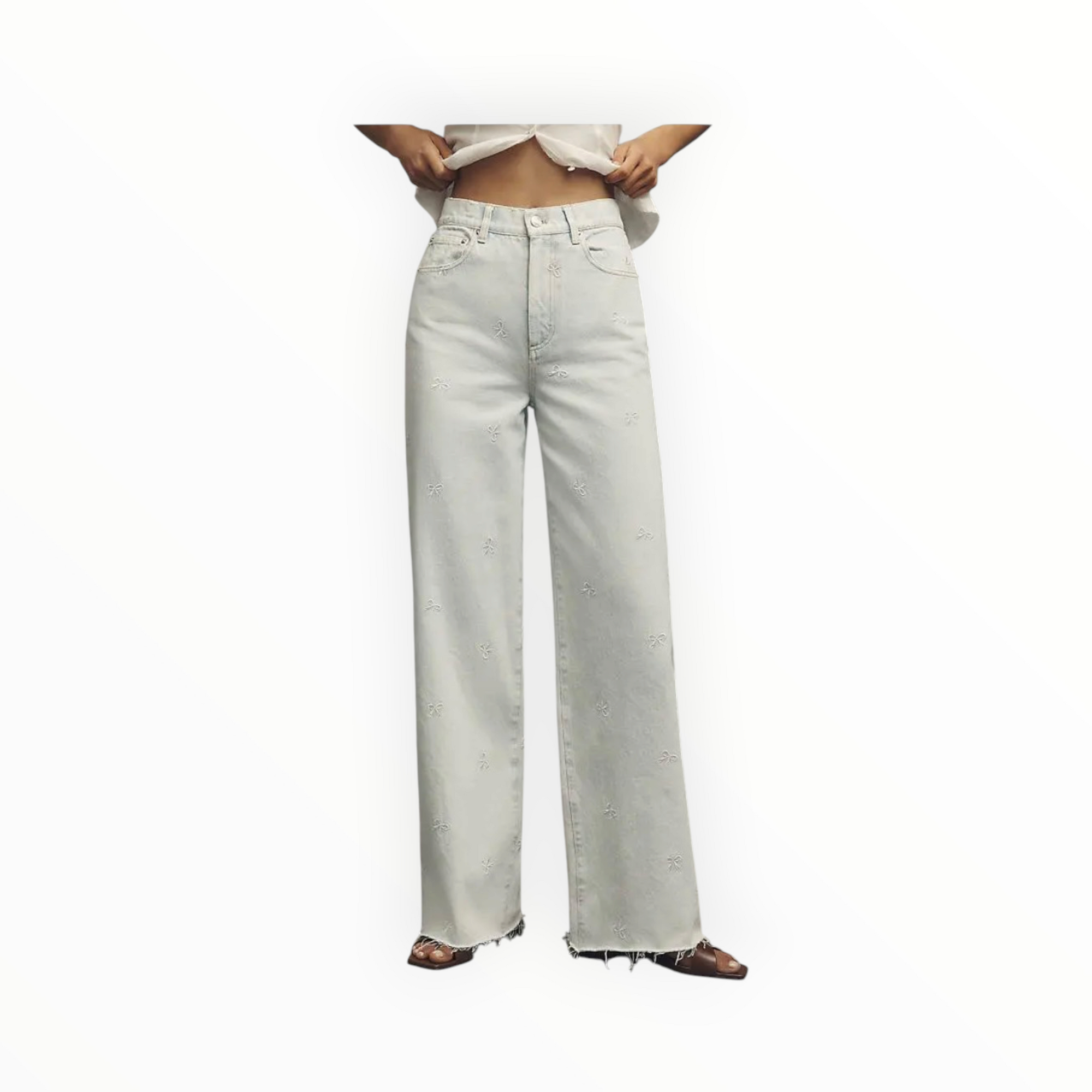 LE JEAN High Rise Wide Leg Jeans W/Bow Embroidery - Arctic Blue