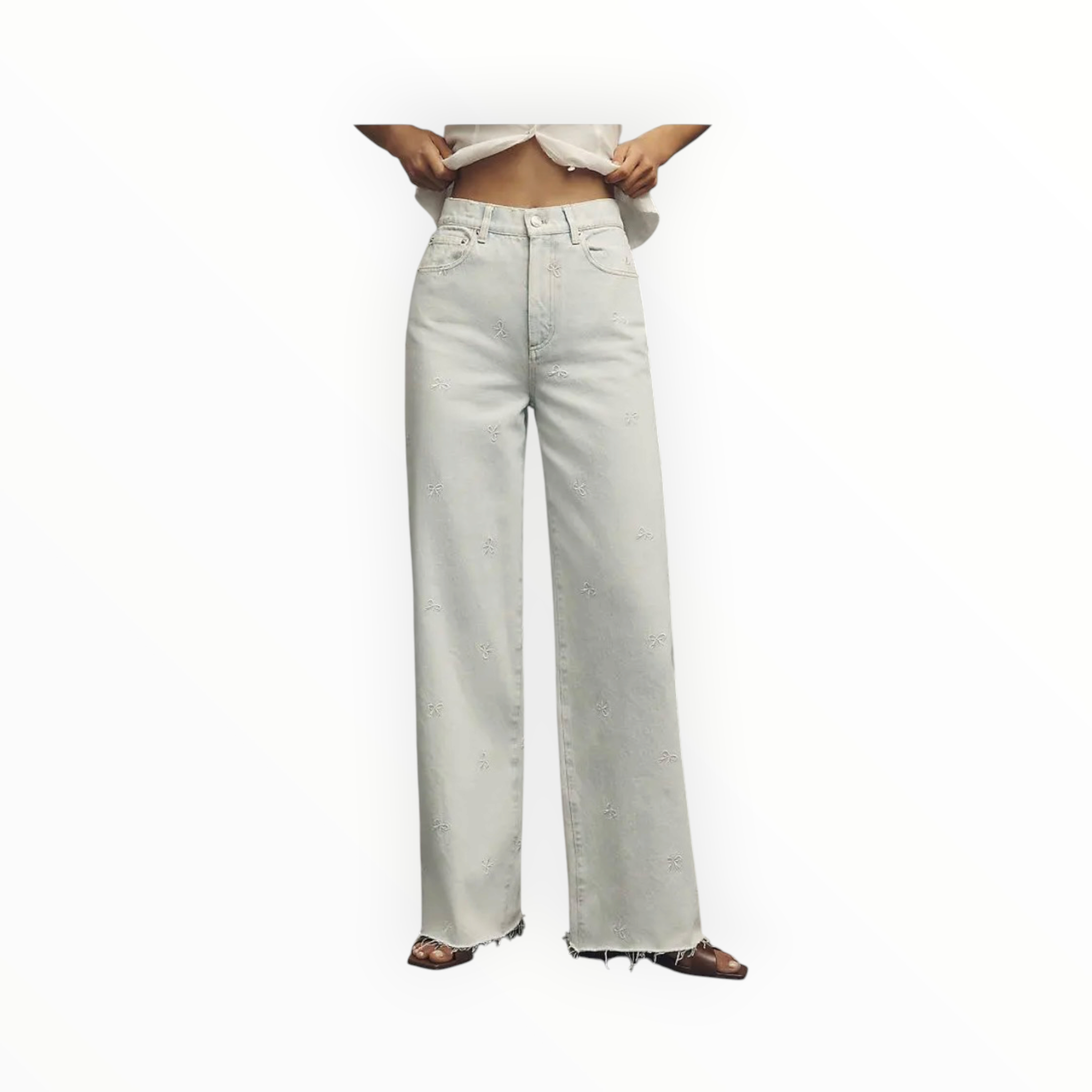 LE JEAN High Rise Wide Leg Jeans W/Bow Embroidery - Arctic Blue