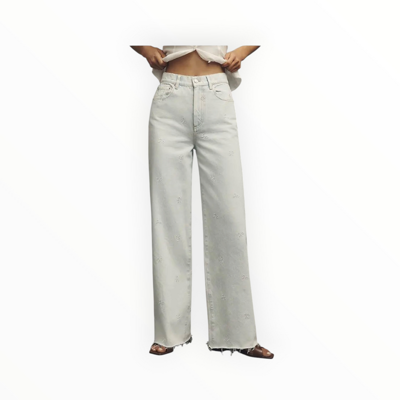 LE JEAN High Rise Wide Leg Jeans W/Bow Embroidery - Arctic Blue