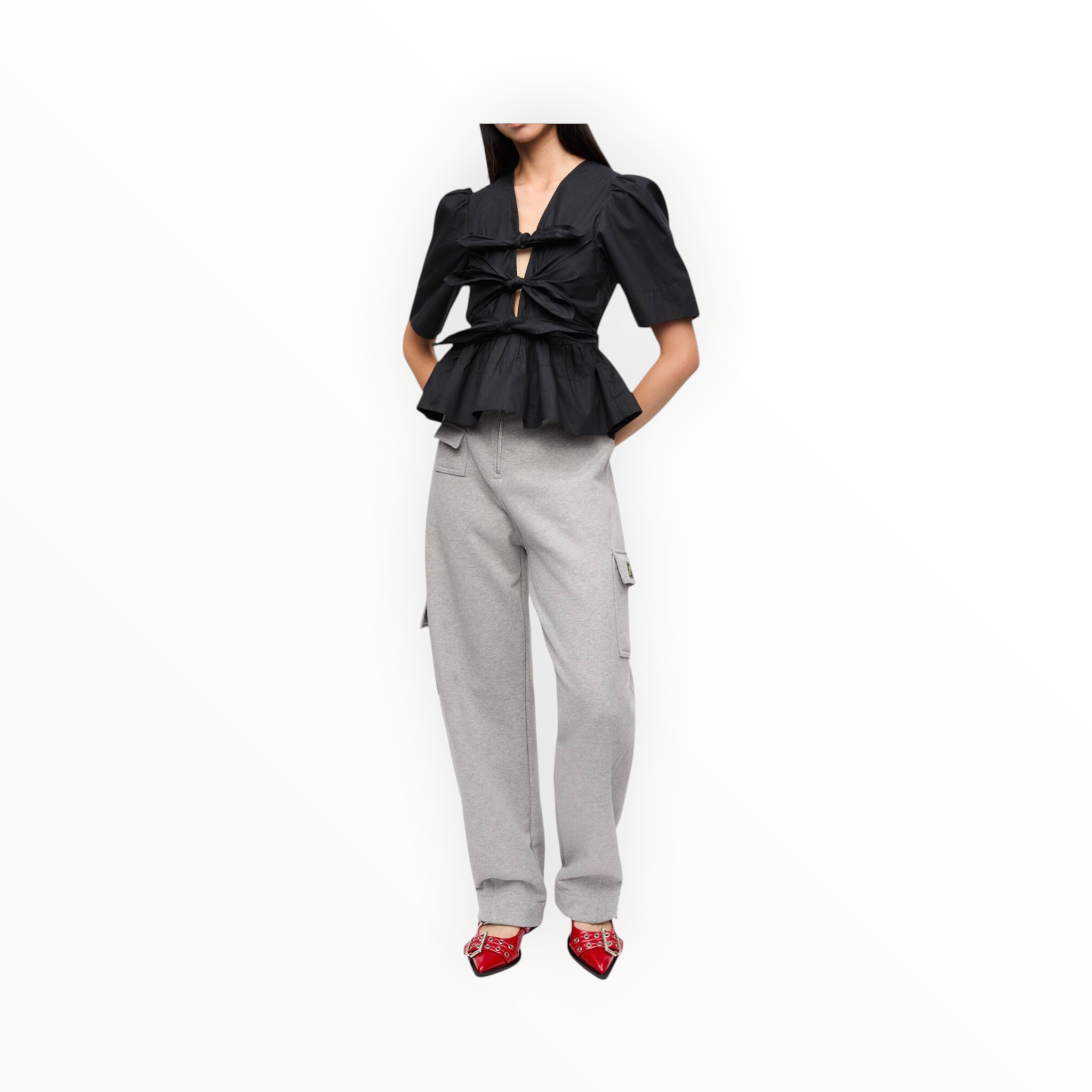 GANNI Stretch Cotton Tie Strap Blouse - Black