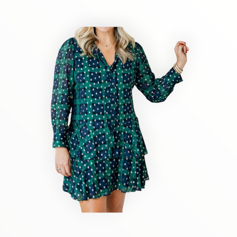 Sail to Sable Lurex Clip Dot Bow Front Dress - Blackwatch Plaid