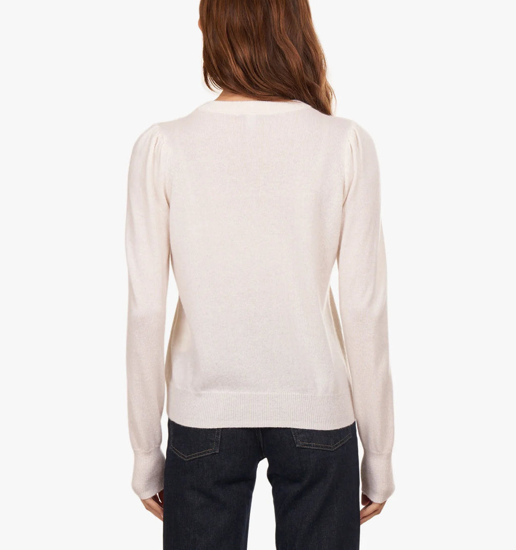 Autumn Cashmere Puff Sleeve Crew w/ Floral Hand Embroidery - Chalk