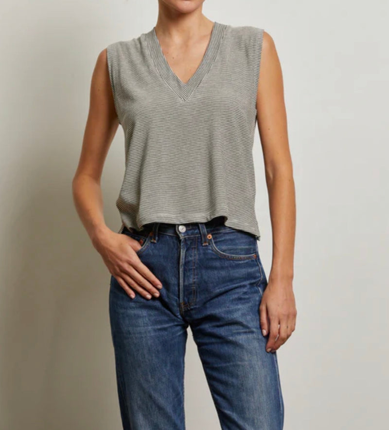 perfectwhitetee Lucy Stripe Linen Jersey V-Neck Tank - Ivory/Black