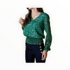Sail to Sable Lurex Clip Dot V-Neck Smocked Waist Top - Hunter Green