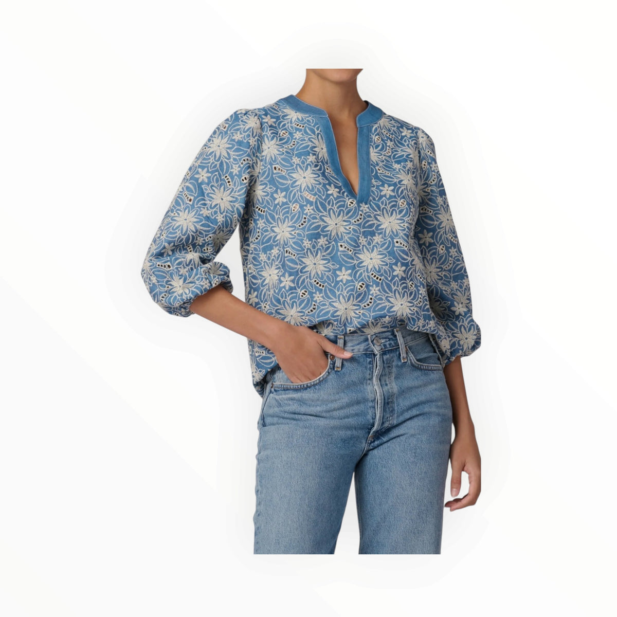 Shoshanna Embroidered Lizzie Top - Chambray Ivory