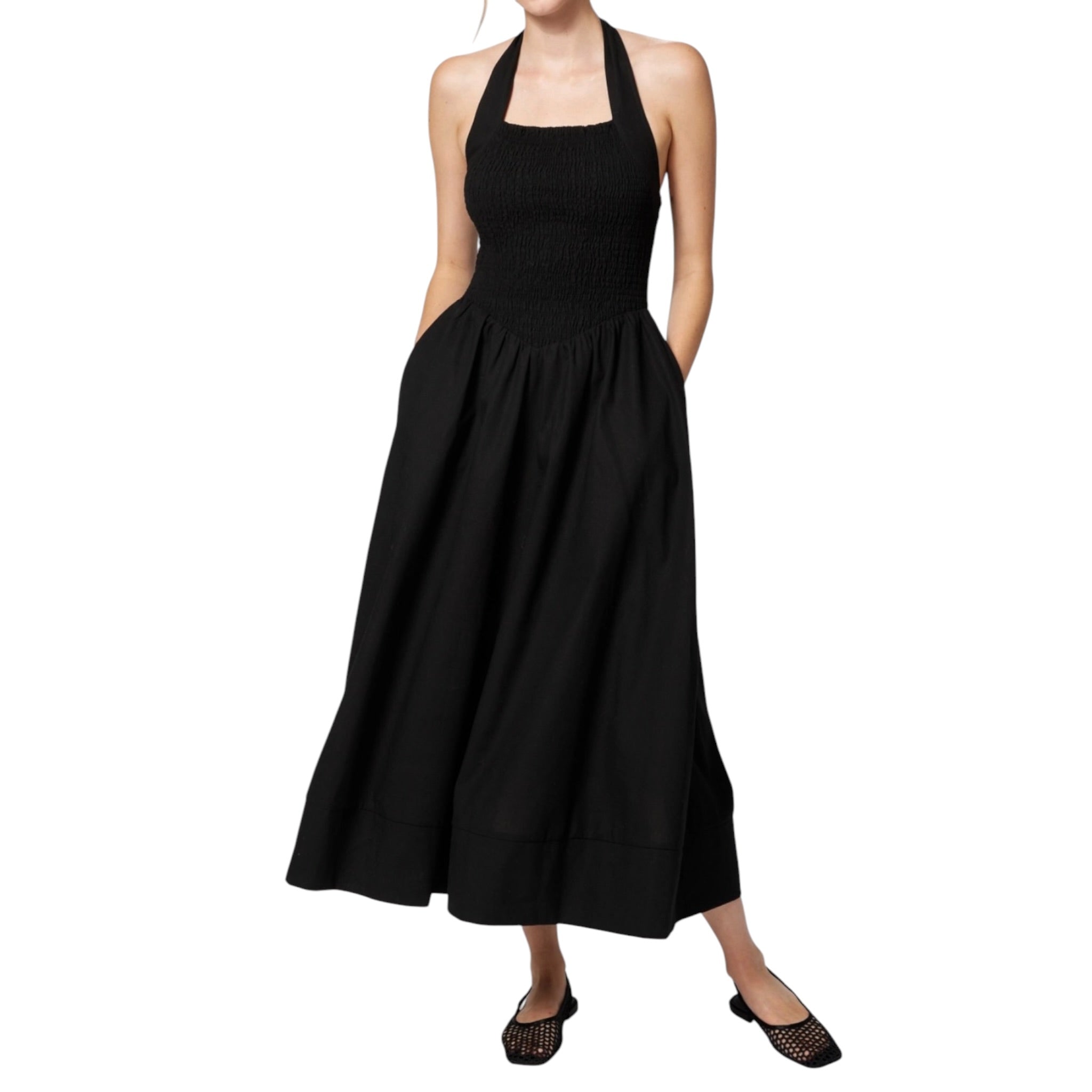Amanda Maria Linen Cotton Smocked Halter Dress - Black
