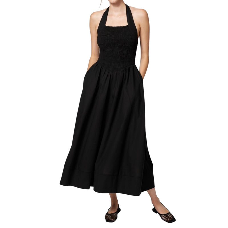 Amanda Maria Linen Cotton Smocked Halter Dress - Black
